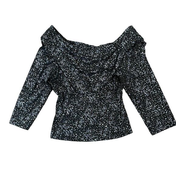 Scarlett Glitter Top Leopard Black Blue Silver Stretch Cowl Scoop Neck Women's L - Picture 2 of 9